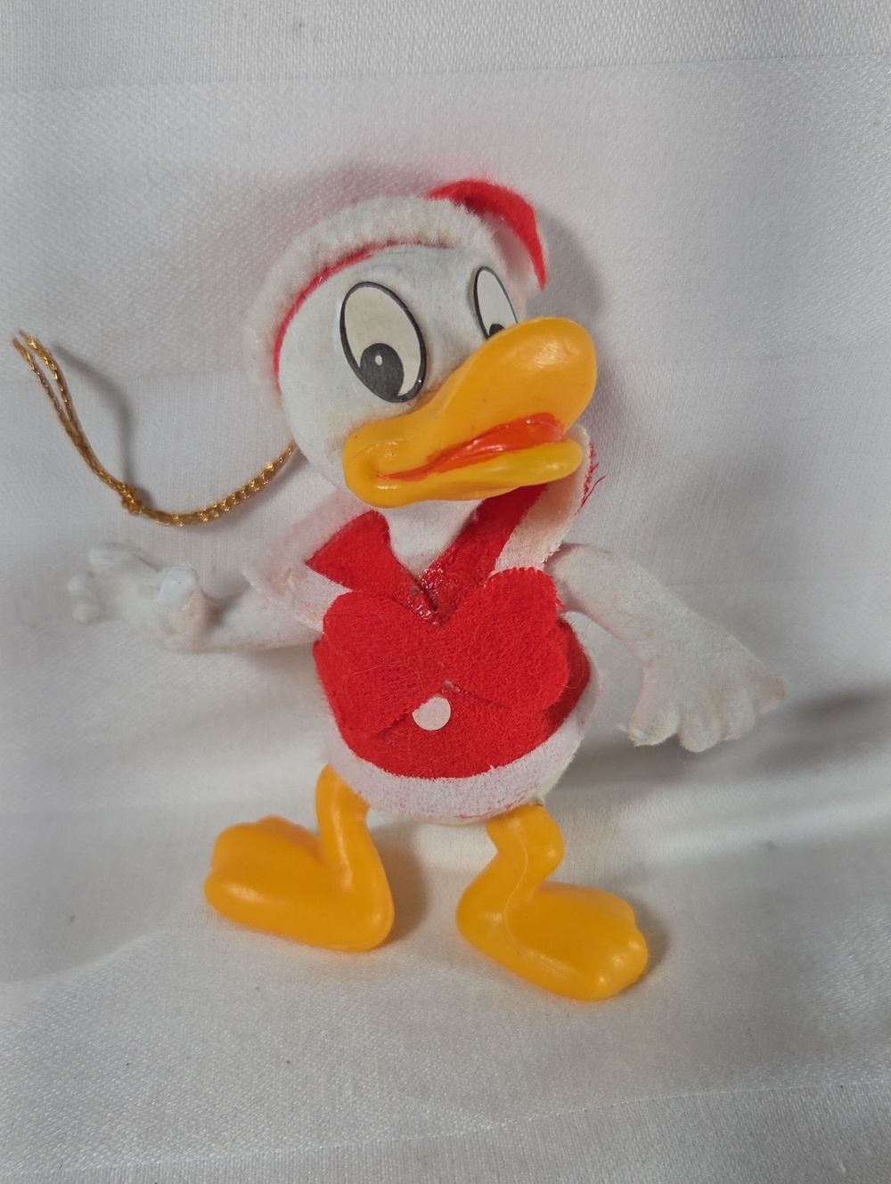 1970s Flocked Donald Duck In Santa Suit Plastic Christmas Ornament Vintage